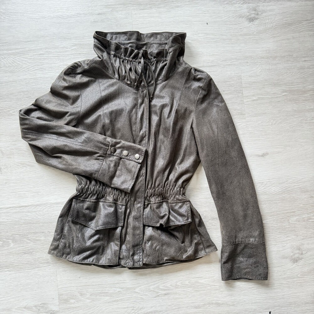 Della Spiga Italy Faux Leather Utility Jacket Brown Cinched Waist Women's Size 4